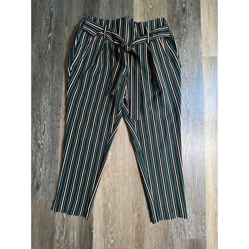 Body By Us Trousers Women 2X Green Striped Paperbag Waist Tie Tapered Pants